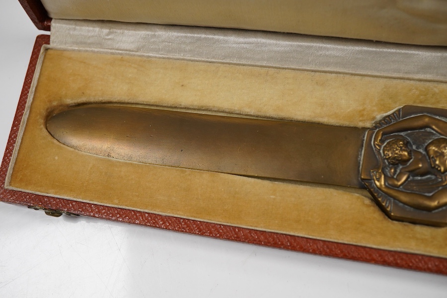 Lucien Bazor (1889–1974), an Art Deco bronze paper knife, signed, cased, 25cm in length